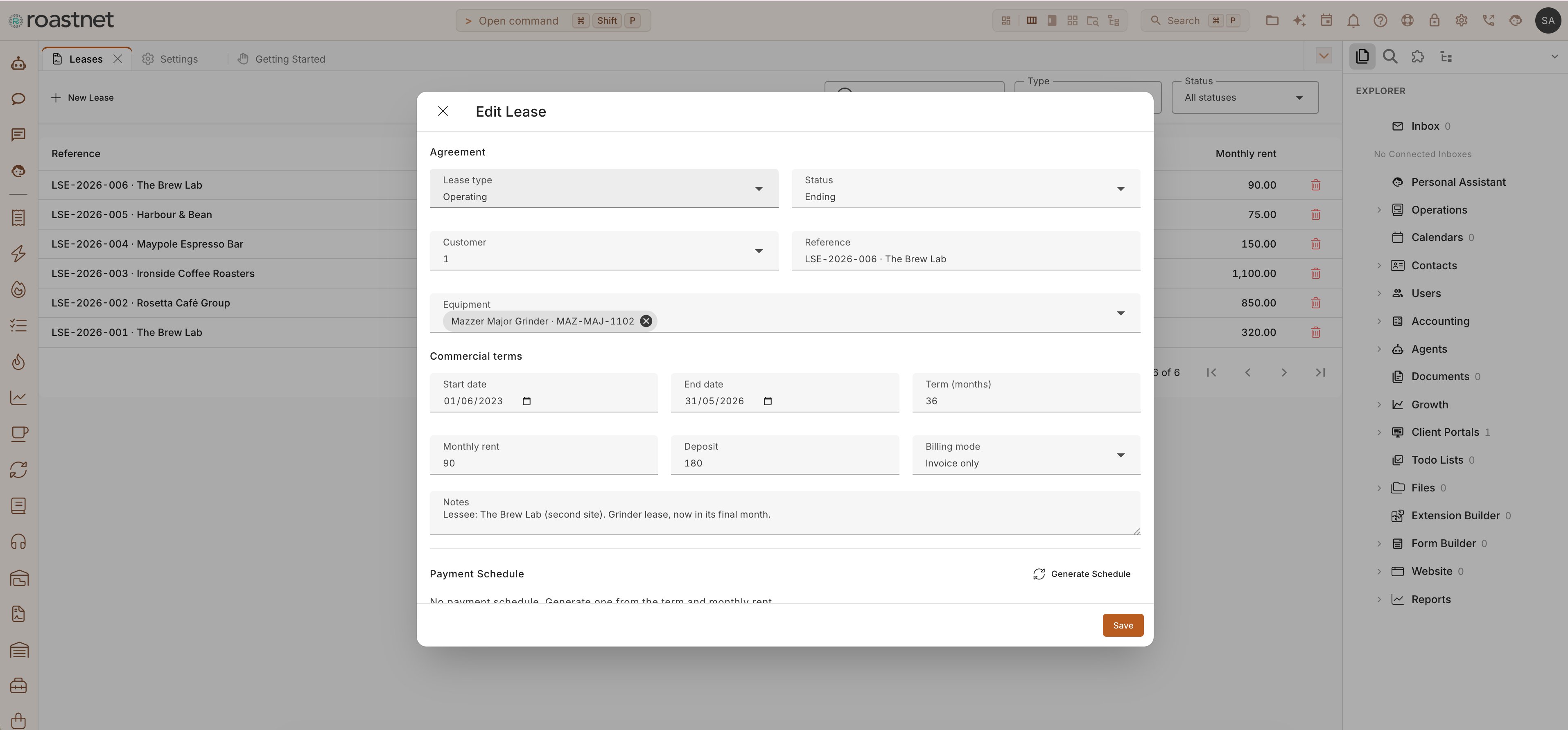 Leased espresso equipment fleet overview in Roastnet